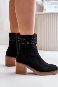 Ocieplane Botki Damskie Na Obcasie Słupku Czarne Vailia Damskie Botki Ocieplane|Botki Na Obcasie