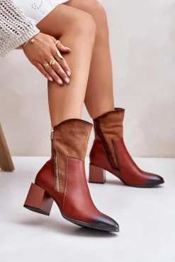 Boto Ocieplane Botki Damskie Na Obcasie Słupku Brązowe Relabina Brązowy
