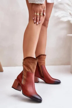 Boto Ocieplane Botki Damskie Na Obcasie Słupku Brązowe Relabina Brązowy