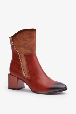 Boto Ocieplane Botki Damskie Na Obcasie Słupku Brązowe Relabina Brązowy