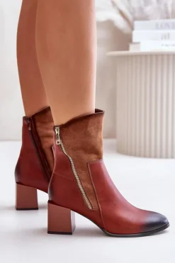 Boto Ocieplane Botki Damskie Na Obcasie Słupku Brązowe Relabina Brązowy