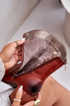 Boto Ocieplane Botki Damskie Na Obcasie Słupku Brązowe Relabina Brązowy