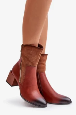 Boto Ocieplane Botki Damskie Na Obcasie Słupku Brązowe Relabina Brązowy