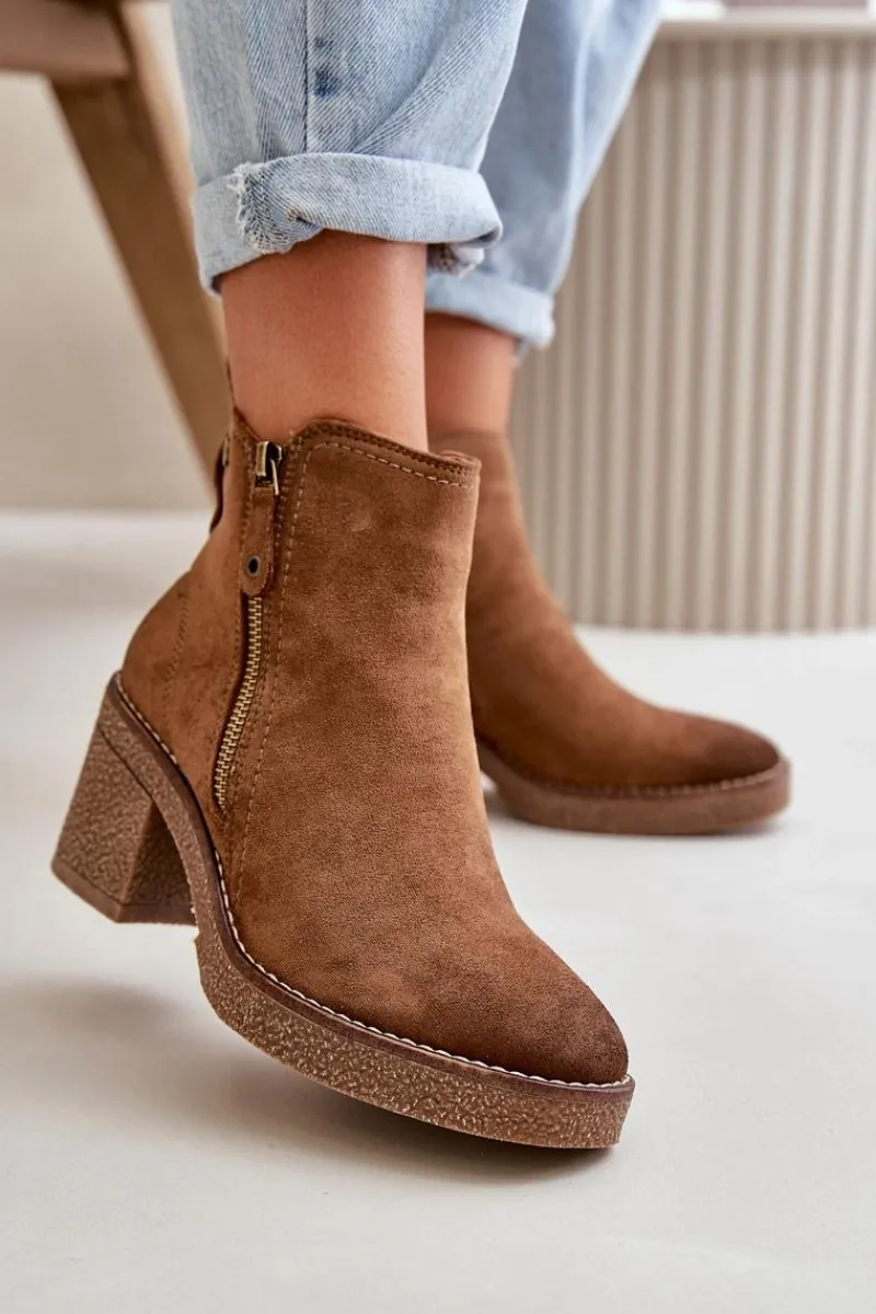 Clearance Ocieplane Botki Damskie Na Słupku Z Eko Zamszu Brązowe Velarilla Damskie Botki Ocieplane|Brązowe I Beżowe Botki