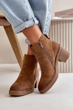 Clearance Ocieplane Botki Damskie Na Słupku Z Eko Zamszu Brązowe Velarilla Damskie Botki Ocieplane|Brązowe I Beżowe Botki