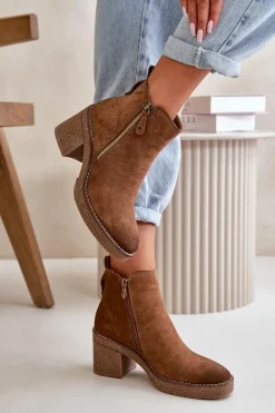 Clearance Ocieplane Botki Damskie Na Słupku Z Eko Zamszu Brązowe Velarilla Damskie Botki Ocieplane|Brązowe I Beżowe Botki