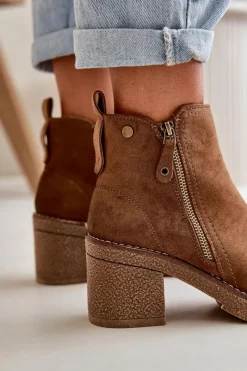 Clearance Ocieplane Botki Damskie Na Słupku Z Eko Zamszu Brązowe Velarilla Damskie Botki Ocieplane|Brązowe I Beżowe Botki