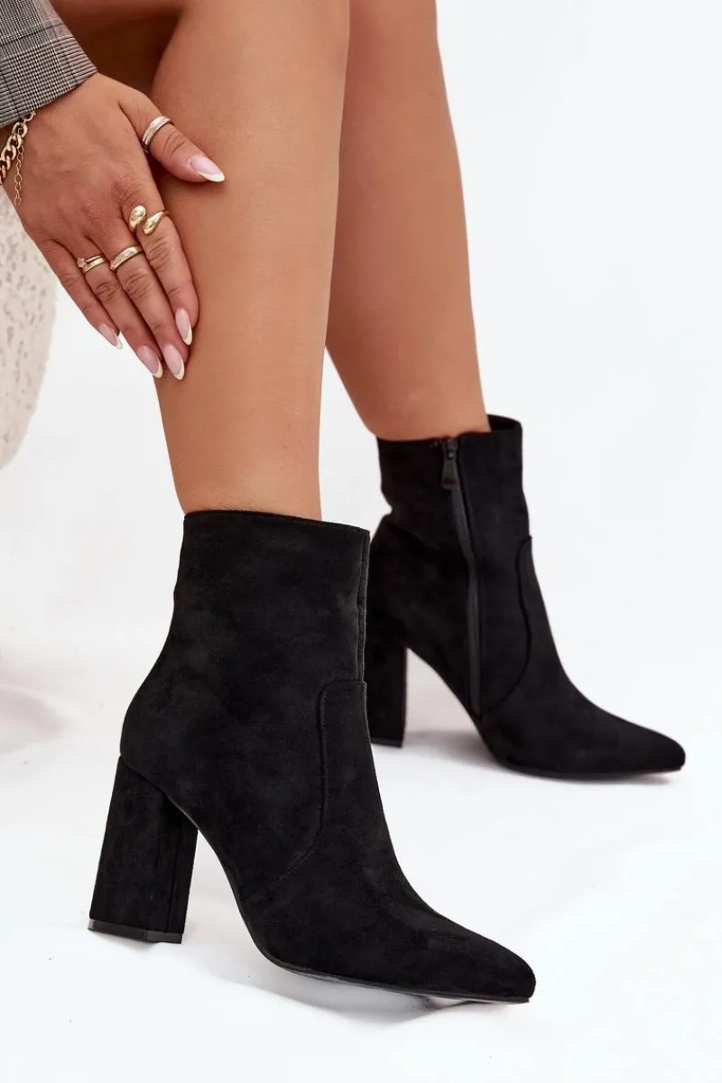 Hot Ocieplane Botki Damskie Na Słupku Z Eko Zamszu Czarne Pralina Damskie Botki Ocieplane|Botki Na Słupku