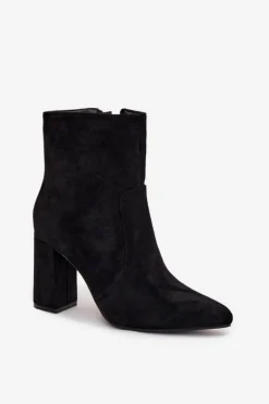 Hot Ocieplane Botki Damskie Na Słupku Z Eko Zamszu Czarne Pralina Damskie Botki Ocieplane|Botki Na Słupku