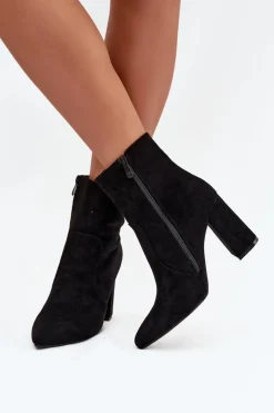 Hot Ocieplane Botki Damskie Na Słupku Z Eko Zamszu Czarne Pralina Damskie Botki Ocieplane|Botki Na Słupku