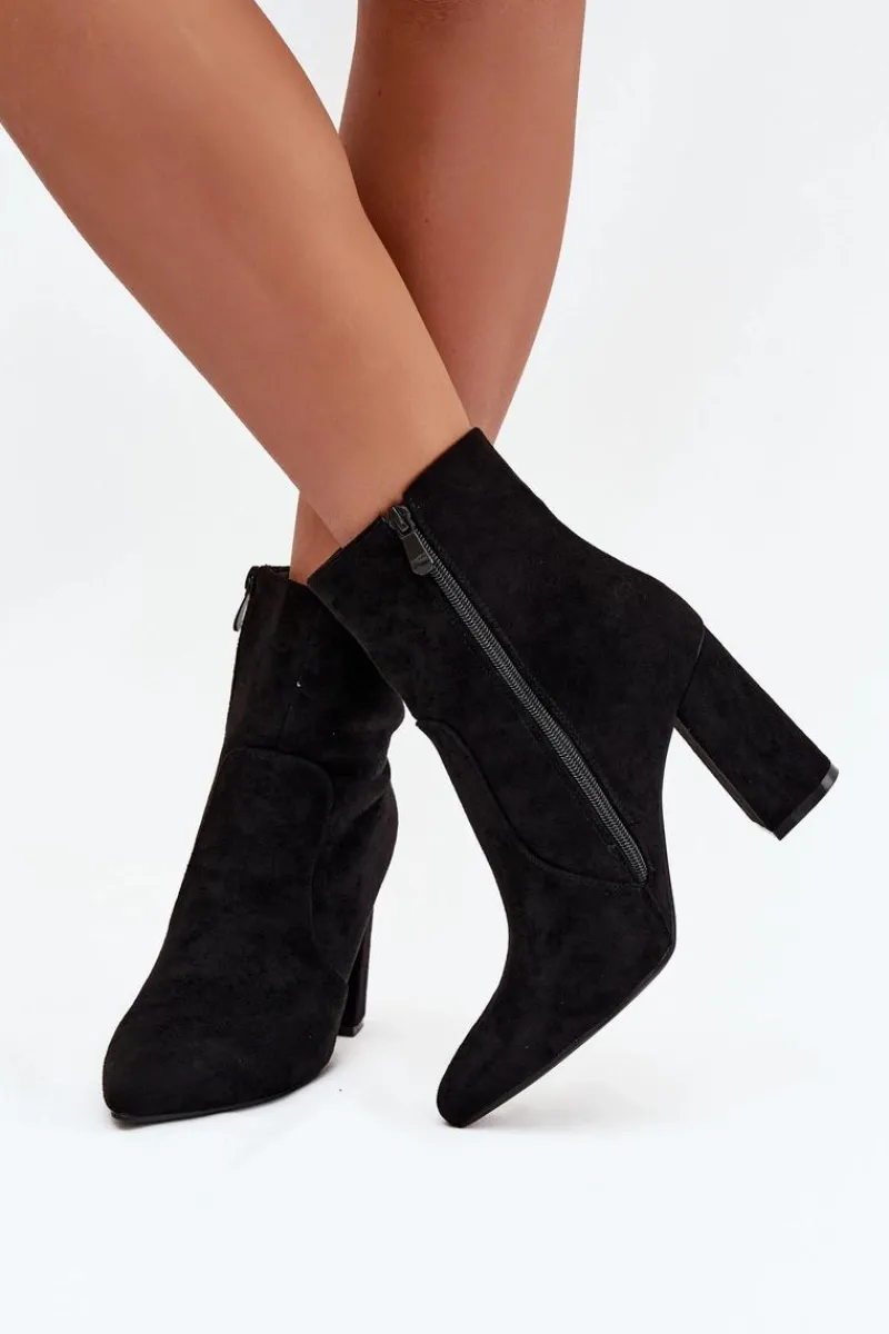 Hot Ocieplane Botki Damskie Na Słupku Z Eko Zamszu Czarne Pralina Damskie Botki Ocieplane|Botki Na Słupku