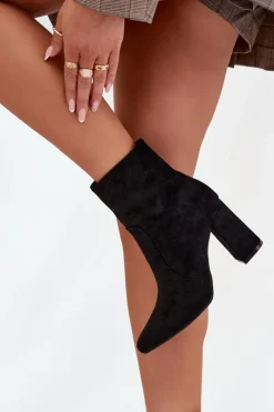 Hot Ocieplane Botki Damskie Na Słupku Z Eko Zamszu Czarne Pralina Damskie Botki Ocieplane|Botki Na Słupku