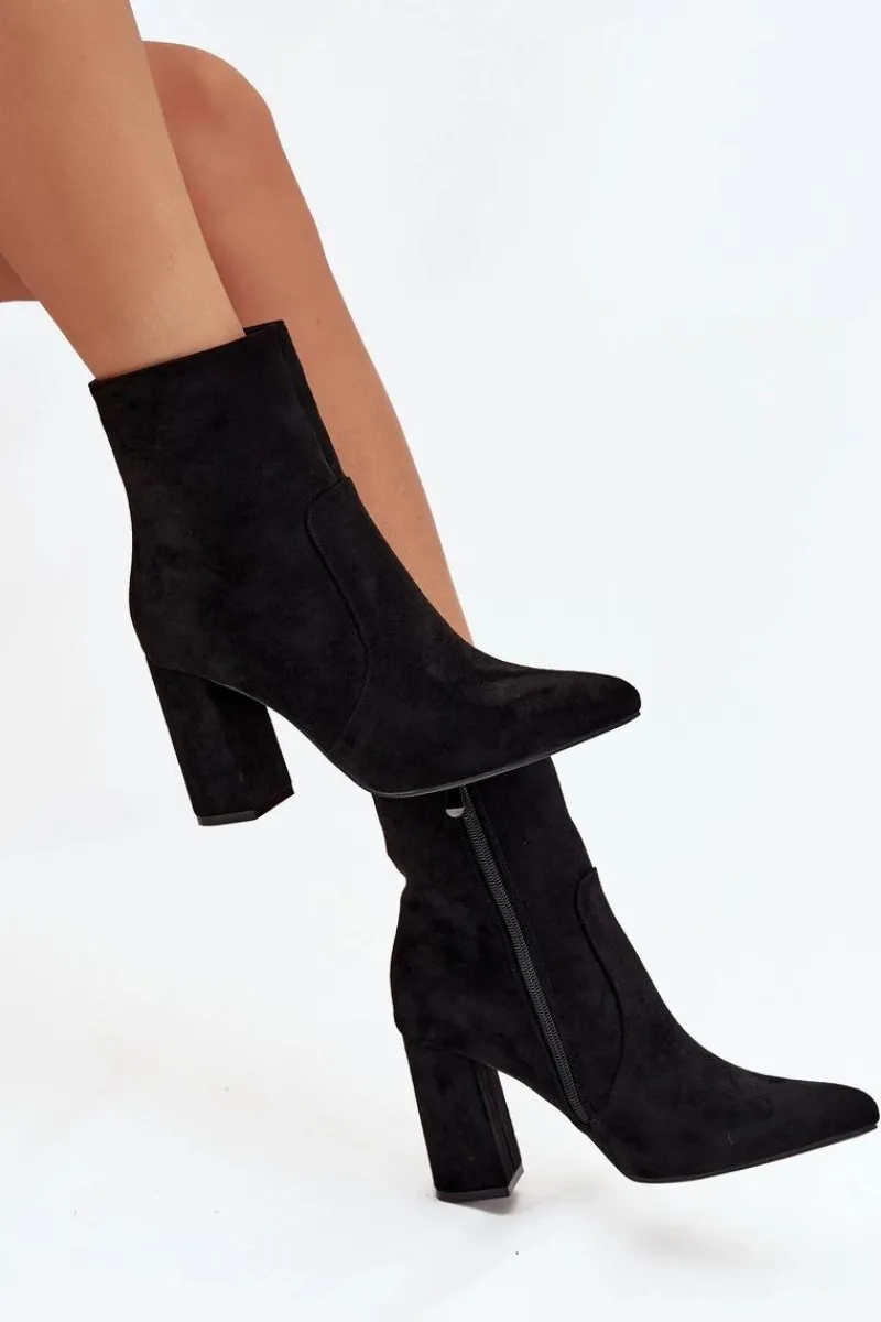 Hot Ocieplane Botki Damskie Na Słupku Z Eko Zamszu Czarne Pralina Damskie Botki Ocieplane|Botki Na Słupku