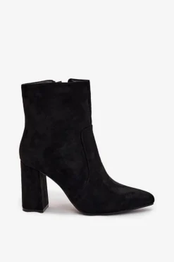 Hot Ocieplane Botki Damskie Na Słupku Z Eko Zamszu Czarne Pralina Damskie Botki Ocieplane|Botki Na Słupku