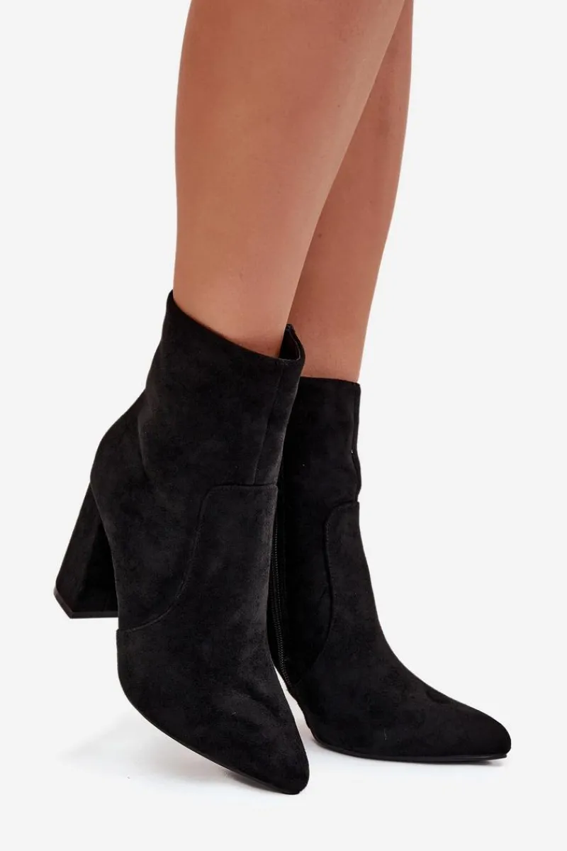 Hot Ocieplane Botki Damskie Na Słupku Z Eko Zamszu Czarne Pralina Damskie Botki Ocieplane|Botki Na Słupku