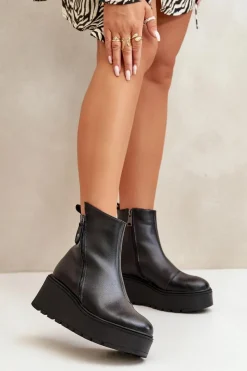 Buty damskie Vinceza Ocieplane Botki Damskie Na Koturnie I Platformie Skóra Naturalna Czarne Vinceza 58340