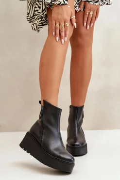 Buty damskie Vinceza Ocieplane Botki Damskie Na Koturnie I Platformie Skóra Naturalna Czarne Vinceza 58340