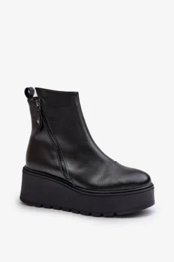 Buty damskie Vinceza Ocieplane Botki Damskie Na Koturnie I Platformie Skóra Naturalna Czarne Vinceza 58340