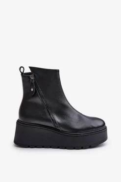 Buty damskie Vinceza Ocieplane Botki Damskie Na Koturnie I Platformie Skóra Naturalna Czarne Vinceza 58340