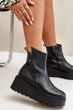 Buty damskie Vinceza Ocieplane Botki Damskie Na Koturnie I Platformie Skóra Naturalna Czarne Vinceza 58340