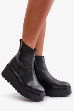 Buty damskie Vinceza Ocieplane Botki Damskie Na Koturnie I Platformie Skóra Naturalna Czarne Vinceza 58340