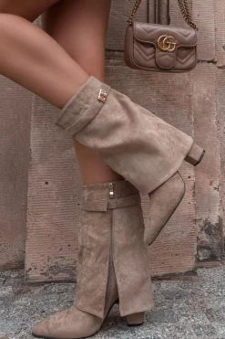 Botki Na Słupku|Botki Zimowe Damskie>Boto Ocieplane Botki Damskie Na Słupku Z Ozdobnym Paskiem Khaki Luvielle Beżowy