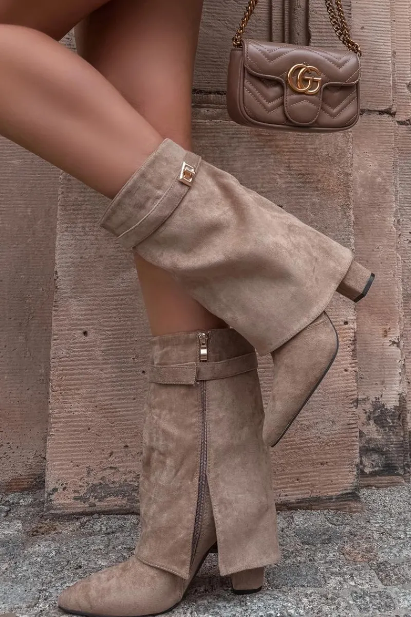 Botki Na Słupku|Botki Zimowe Damskie>Boto Ocieplane Botki Damskie Na Słupku Z Ozdobnym Paskiem Khaki Luvielle Beżowy