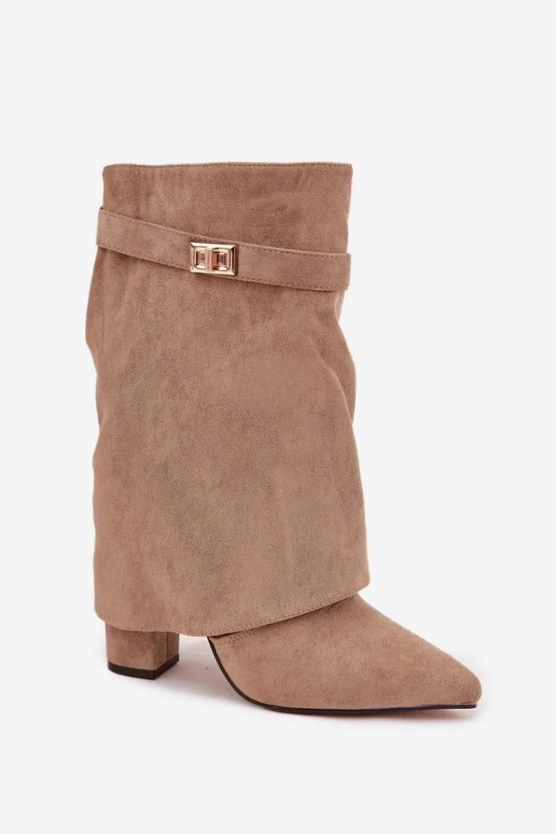 Botki Na Słupku|Botki Zimowe Damskie>Boto Ocieplane Botki Damskie Na Słupku Z Ozdobnym Paskiem Khaki Luvielle Beżowy