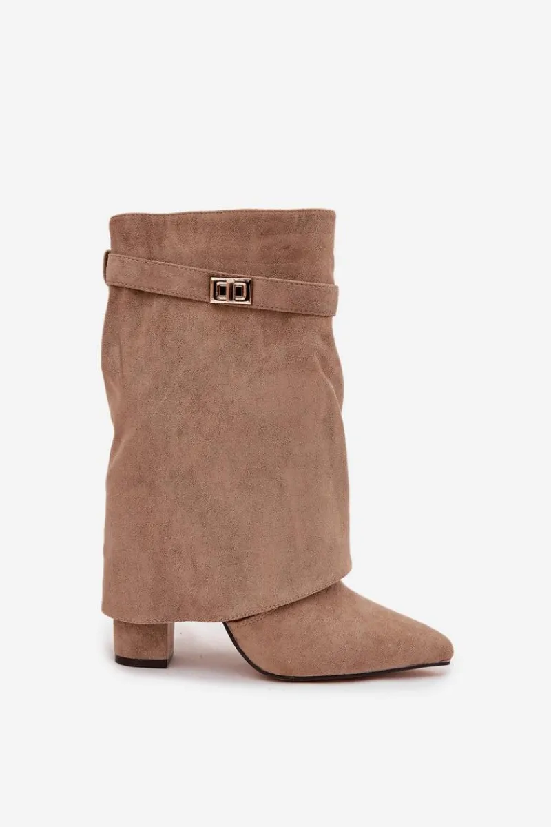 Botki Na Słupku|Botki Zimowe Damskie>Boto Ocieplane Botki Damskie Na Słupku Z Ozdobnym Paskiem Khaki Luvielle Beżowy