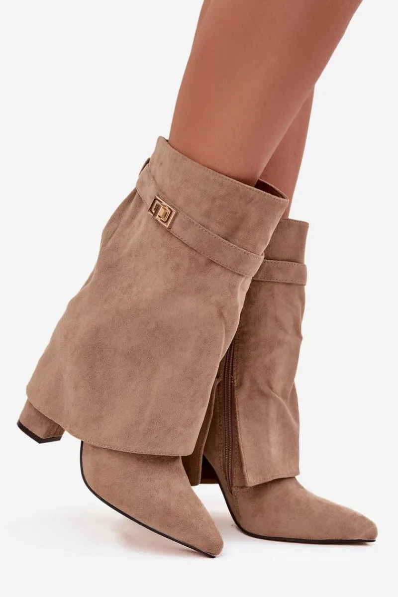 Botki Na Słupku|Botki Zimowe Damskie>Boto Ocieplane Botki Damskie Na Słupku Z Ozdobnym Paskiem Khaki Luvielle Beżowy