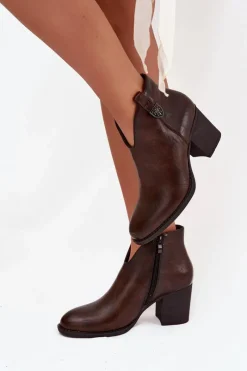 Sale Boto Ocieplane Botki Damskie Na Słupku Z Eko Skóry Czekoladowe Talienne