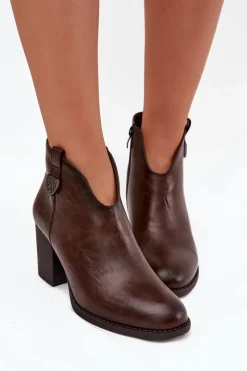 Sale Boto Ocieplane Botki Damskie Na Słupku Z Eko Skóry Czekoladowe Talienne