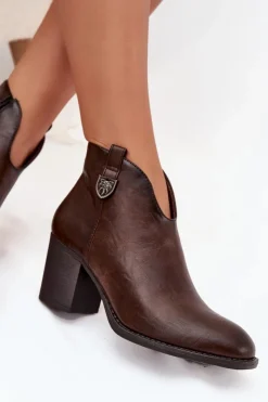 Sale Boto Ocieplane Botki Damskie Na Słupku Z Eko Skóry Czekoladowe Talienne