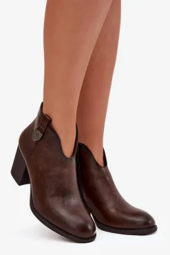 Sale Boto Ocieplane Botki Damskie Na Słupku Z Eko Skóry Czekoladowe Talienne