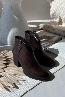 Sale Boto Ocieplane Botki Damskie Na Słupku Z Eko Skóry Czekoladowe Talienne