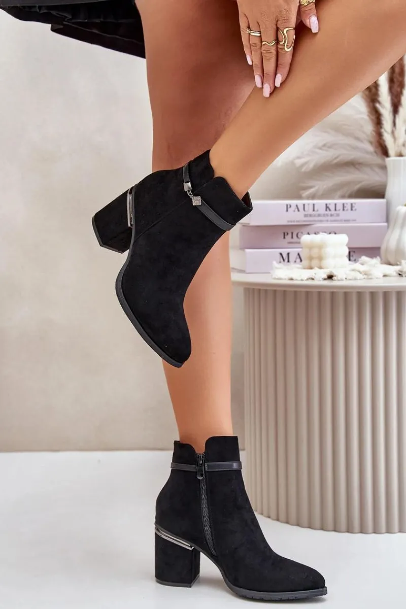 Sale Ocieplane Botki Damskie Na Słupku Z Ozdobnym Paskiem Vinceza 16446 Czarne Damskie Botki Ocieplane|Brązowe I Beżowe Botki