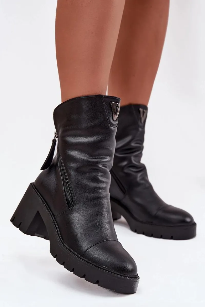 Discount Ocieplane Botki Damskie Na Masywnym Obcasie Z Podwójnym Zamkiem Vinceza 58605 Czarne Damskie Botki Ocieplane|Botki Skórzane