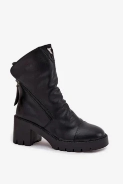 Discount Ocieplane Botki Damskie Na Masywnym Obcasie Z Podwójnym Zamkiem Vinceza 58605 Czarne Damskie Botki Ocieplane|Botki Skórzane