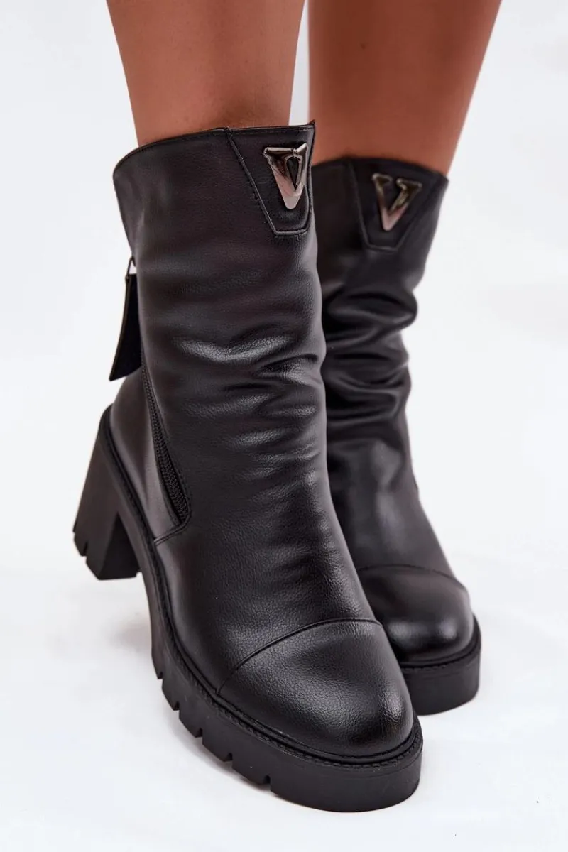 Discount Ocieplane Botki Damskie Na Masywnym Obcasie Z Podwójnym Zamkiem Vinceza 58605 Czarne Damskie Botki Ocieplane|Botki Skórzane