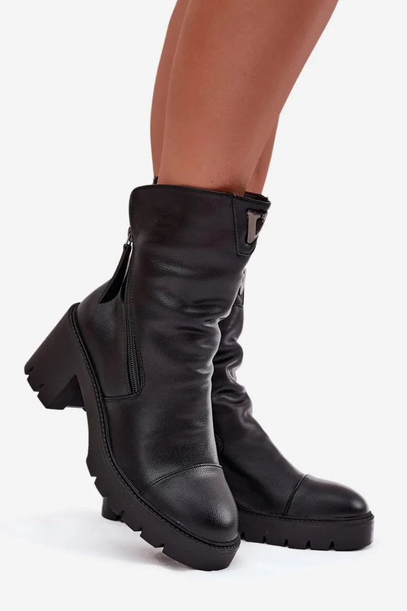 Discount Ocieplane Botki Damskie Na Masywnym Obcasie Z Podwójnym Zamkiem Vinceza 58605 Czarne Damskie Botki Ocieplane|Botki Skórzane