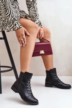 Outlet Ocieplane Botki Damskie Na Płaskim Obcasie Czarne Labise Damskie Botki Ocieplane|Czarne Botki