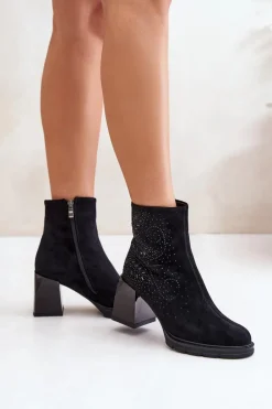 Botki Ocieplane|Botki Na Obcasie>Damskie buty S.Barski Ocieplane Botki Damskie Na Słupku Ze Zdobieniem D&A MR880-130 Czarne