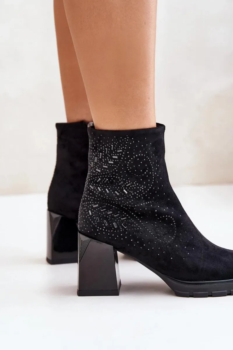 Botki Ocieplane|Botki Na Obcasie>Damskie buty S.Barski Ocieplane Botki Damskie Na Słupku Ze Zdobieniem D&A MR880-130 Czarne