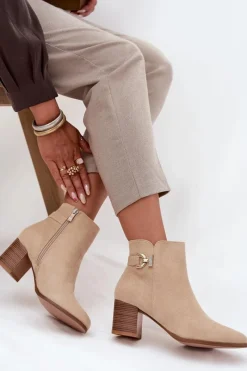 Botki Ocieplane|Botki Na Słupku>Boto Ocieplane Botki Damskie Na Słupku Ze Złotym Detalem Beżowe Renora Beżowy