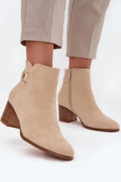 Botki Ocieplane|Botki Na Słupku>Boto Ocieplane Botki Damskie Na Słupku Ze Złotym Detalem Beżowe Renora Beżowy