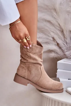 Discount Ocieplane Botki Damskie Z Marszczeniem I Zdobieniem Beżowe Etteara Damskie Botki Zimowe Damskie|Brązowe I Beżowe Botki
