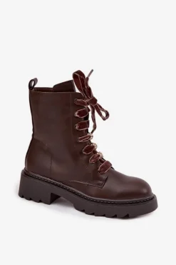 Boto Ocieplane Botki Damskie Z Ozdobnym Sznurowaniem Czekoladowe Elindra Brązowy