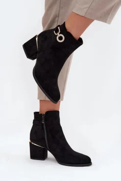Discount Boto Ocieplane Botki Damskie Ze Złotymi Detalami Na Słupku Czarne Dorisse Czarny