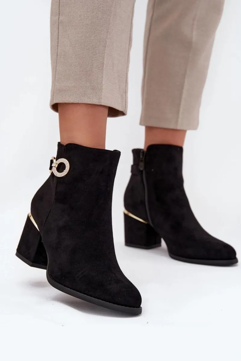 Discount Boto Ocieplane Botki Damskie Ze Złotymi Detalami Na Słupku Czarne Dorisse Czarny