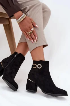 Discount Boto Ocieplane Botki Damskie Ze Złotymi Detalami Na Słupku Czarne Dorisse Czarny